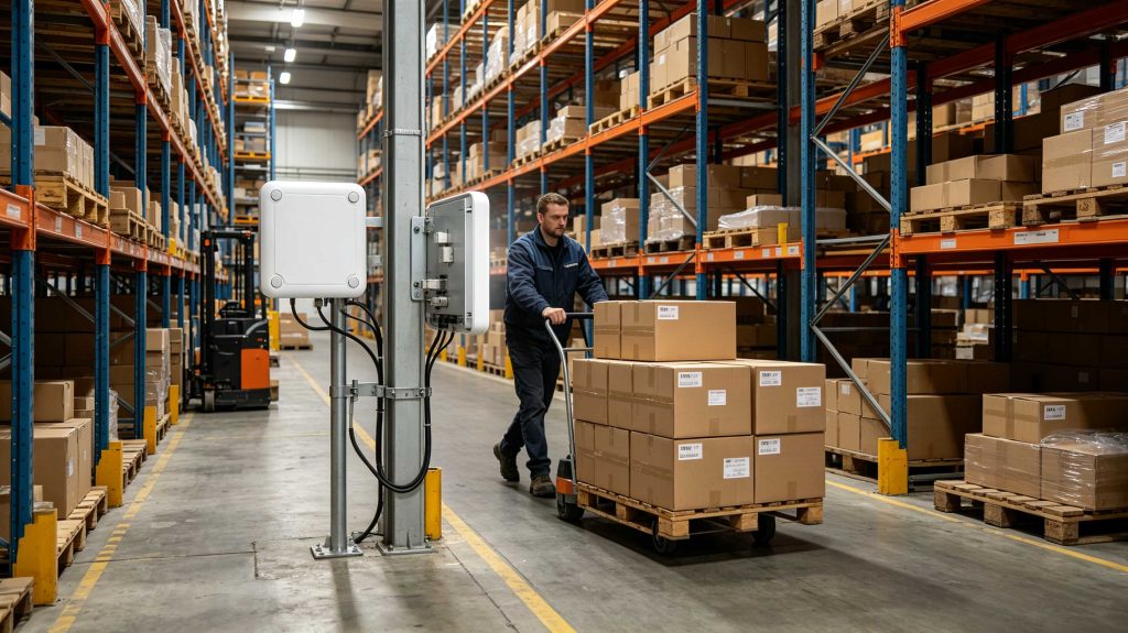 Fixed UHF RFID reader and antenna identifying tagged products in a European warehouse
