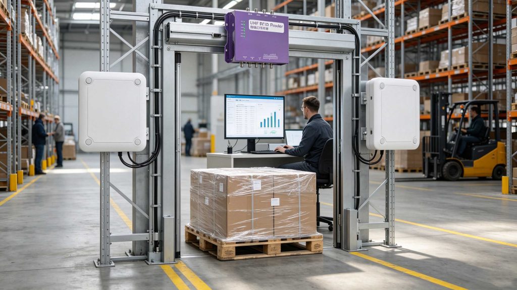 UHF RFID reader communicating with tagged cartons in a modern European warehouse
