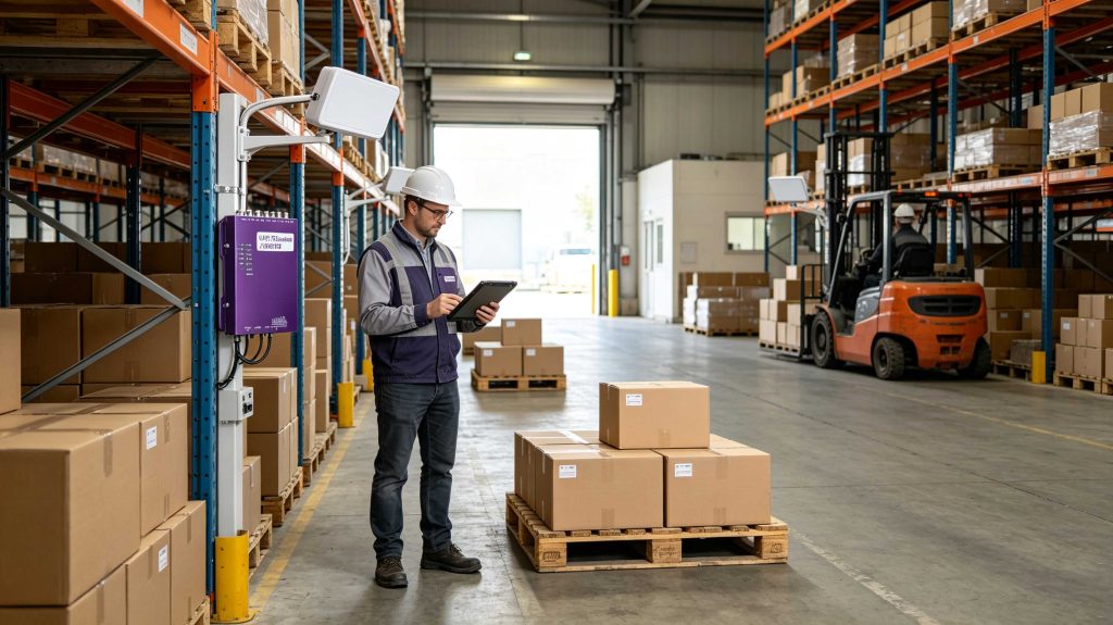 How Far Does RFID Work? A Practical Guide to RFID Read Range 2 Warehouse technician testing UHF RFID read distance with tagged cartons