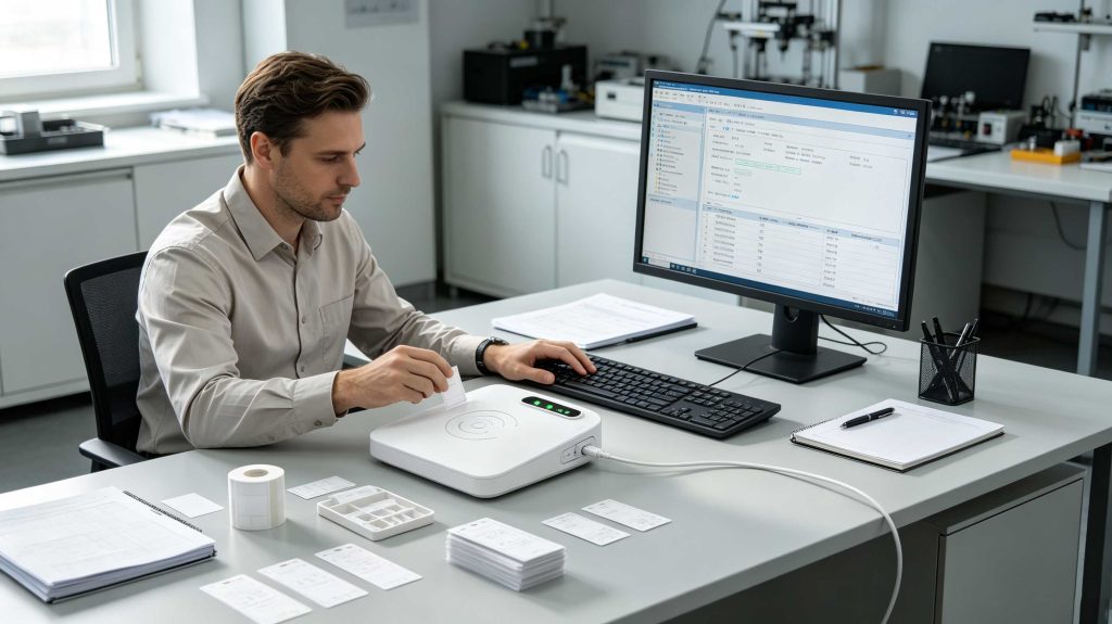 Engineer using desktop RFID reader writer to reprogram RFID tags in European technology workspace