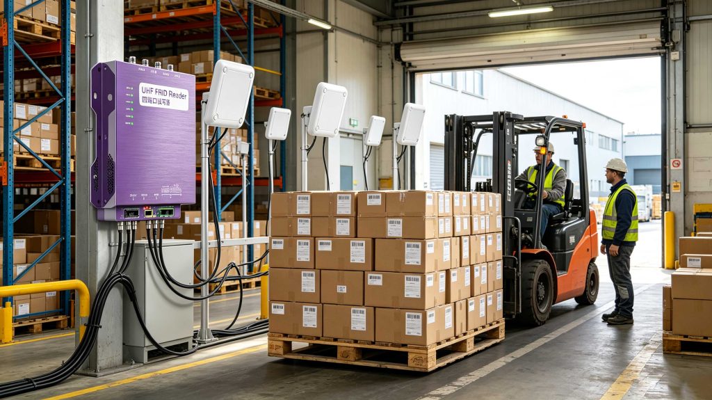 Multiple UHF RFID antennas reading dense RFID-tagged pallets in a European logistics facility