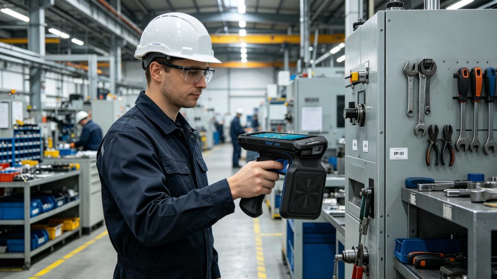 Technician using an RFID scanner to track industrial equipment in a European factory