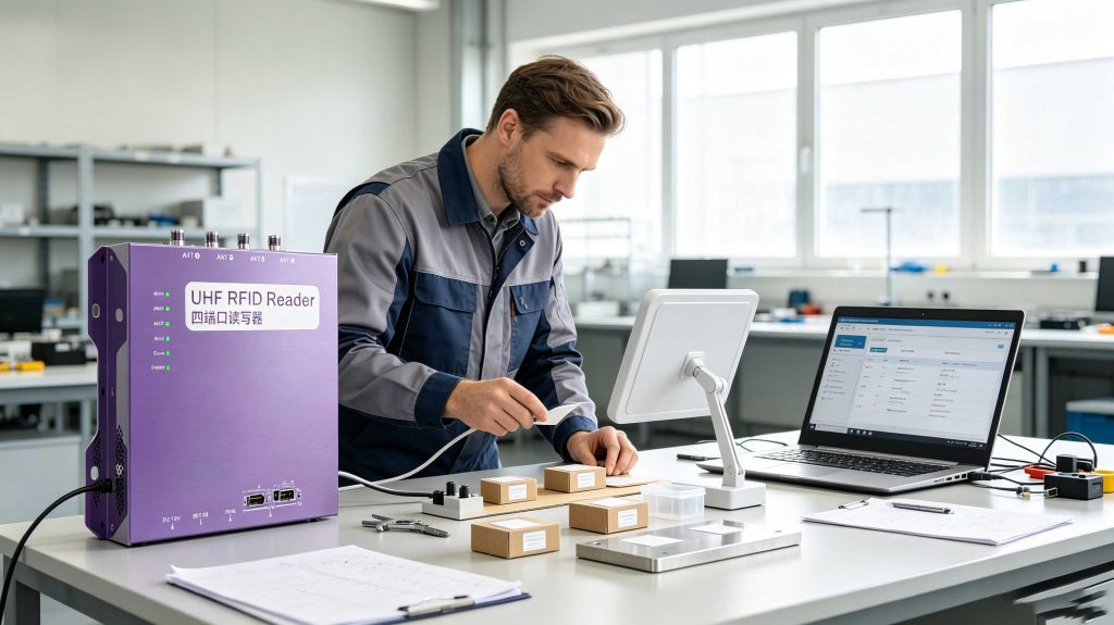 How to Test RFID Tag: UHF RFID Tag Testing Guide 1 Engineer testing a UHF RFID tag with a fixed RFID reader on an electronics workbench