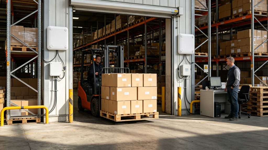 Multiple passive UHF RFID tagged cartons passing through a fixed RFID reader portal
