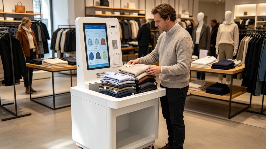 Apparel RFID self-checkout station reading multiple garments simultaneously