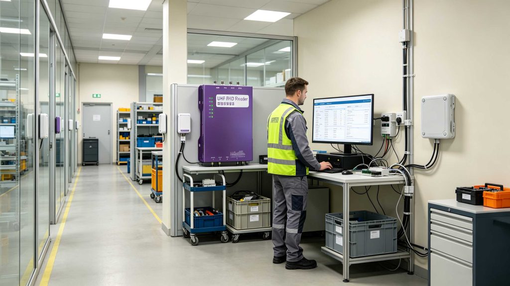 how to read an rfid chip 2 RFID reader detecting tagged equipment with real-time tracking software in a European facility