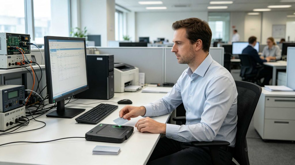 Engineer using RFID card writer to program smart cards in a modern European office