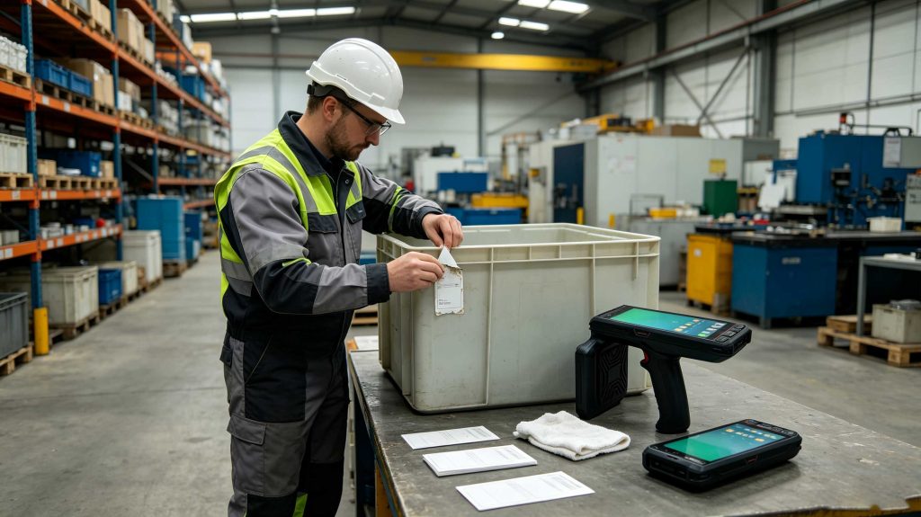 Technician carefully removing a damaged RFID sticker from an industrial asset