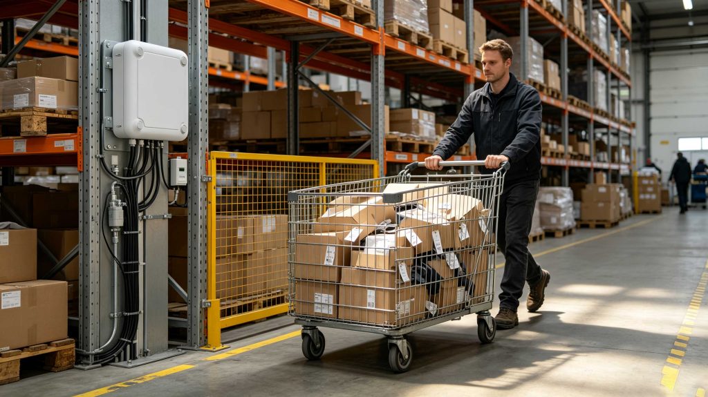 How RFID Readers Work: UHF RFID Communication Explained 1 Fixed UHF RFID reader identifying tagged products in a European warehouse