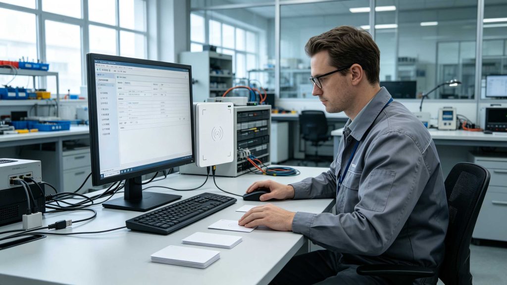 Technician setting up a UHF RFID card with a desktop RFID reader writer
