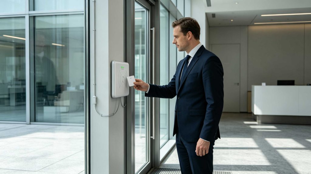 Employee presenting an RFID card to a contactless access reader in a European office