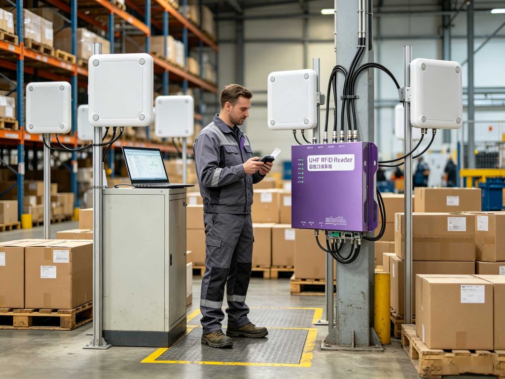 Engineer testing RFID tags, antennas, and readers during an industrial RFID system pilot