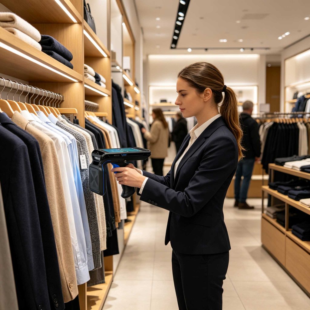 Retail employee using RFID reader to identify tagged products in a modern European store