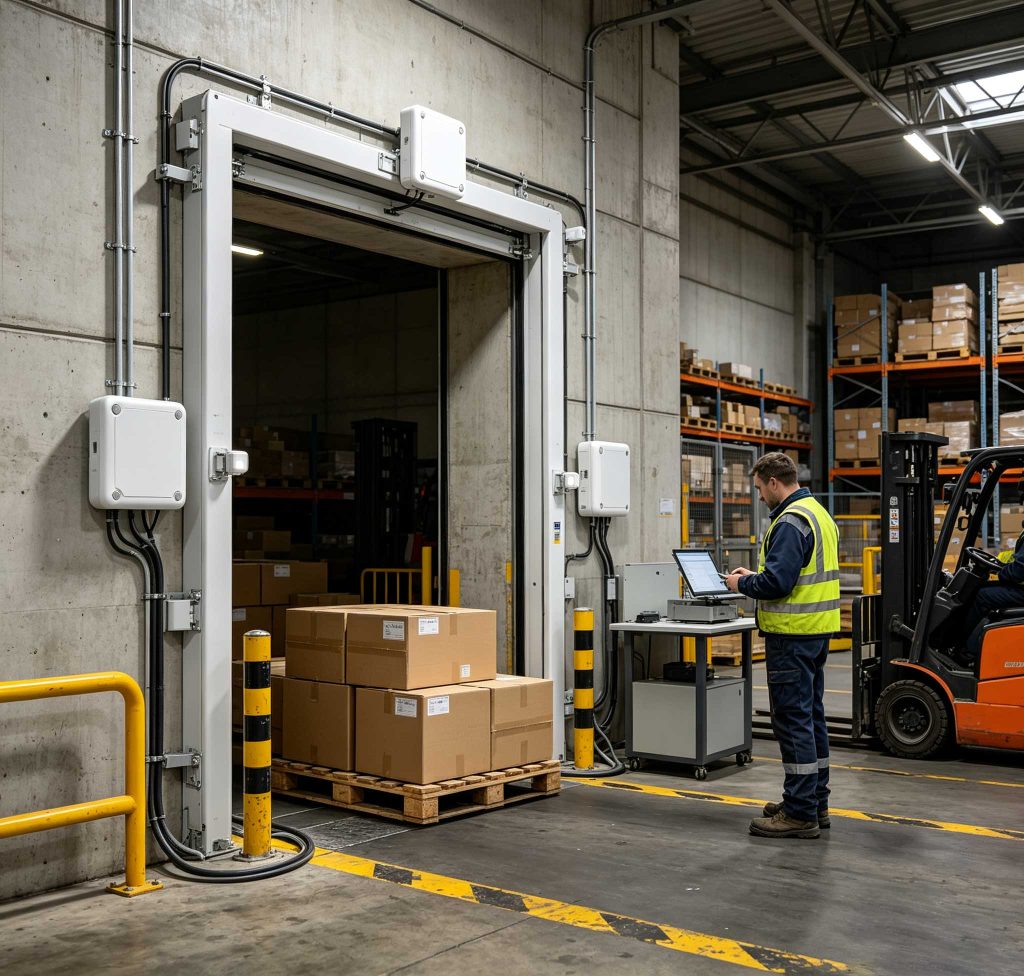 UHF RFID readers installed at a warehouse dock door for automated pallet identification