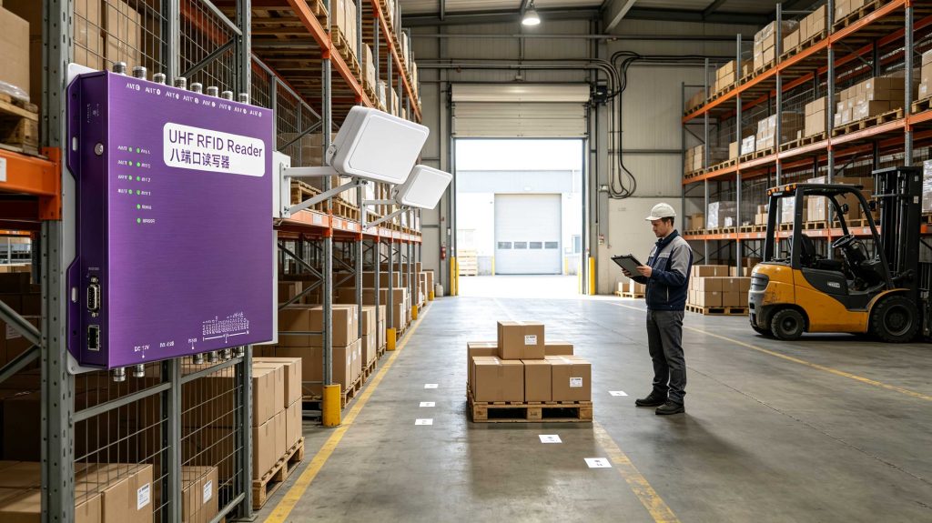 Fixed UHF RFID reader scanning tagged cartons across a warehouse passage