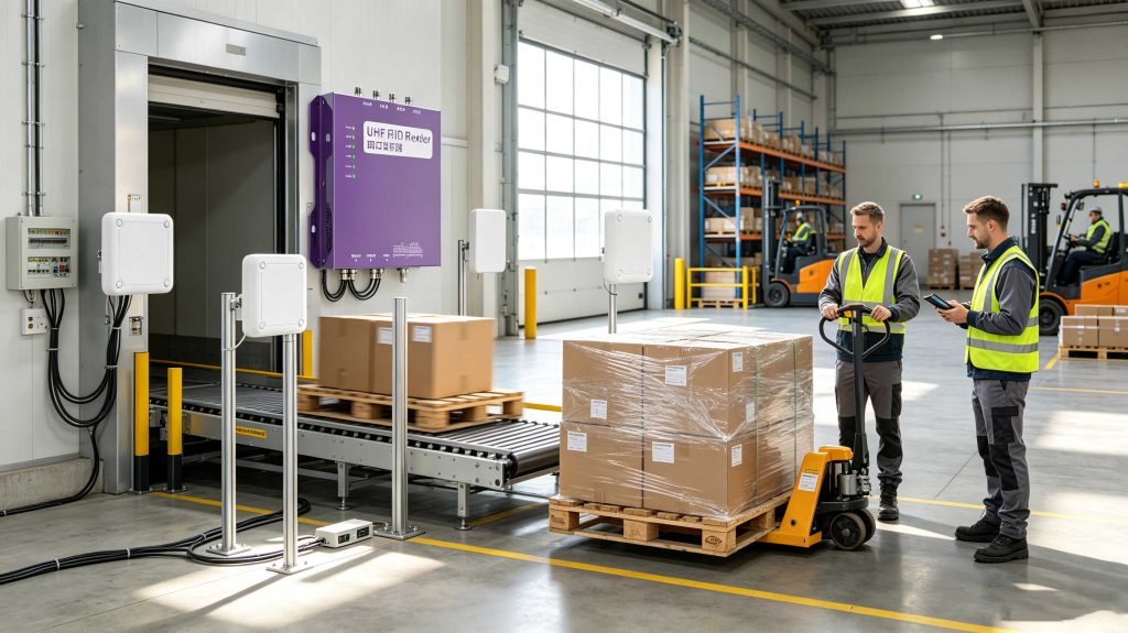 UHF RFID reader and antennas monitoring tagged cartons at a warehouse receiving station