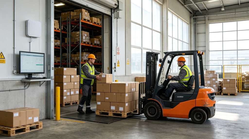 RFID readers capturing tagged pallets and cartons at a European warehouse receiving dock