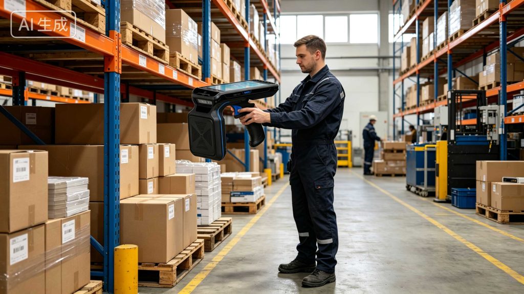 Worker using a handheld RFID scanner to identify RFID tagged products in a European warehouse