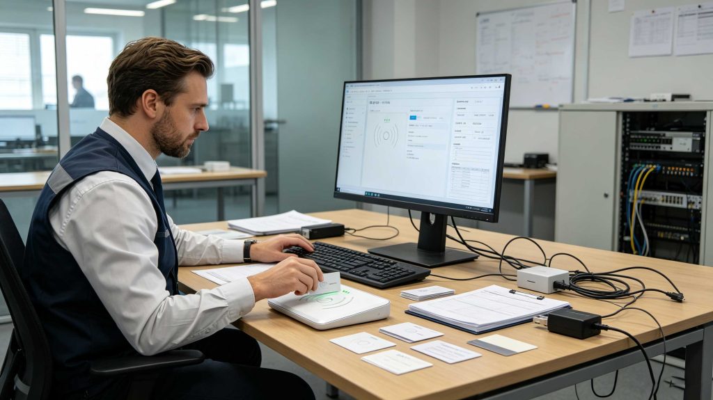 how to read rfid card 2 Technician reading and verifying RFID card data with a desktop RFID reader in a European workplace