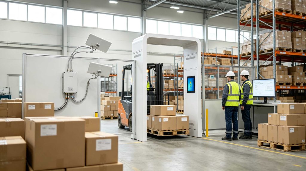 How Far Does RFID Transmit? Real-World RFID Read Range Explained 1 UHF RFID fixed reader and directional antennas scanning tagged cartons in a European warehouse
