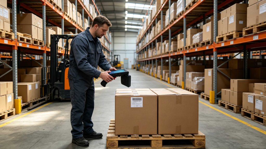 Worker using a handheld UHF RFID writer to identify tagged warehouse assets