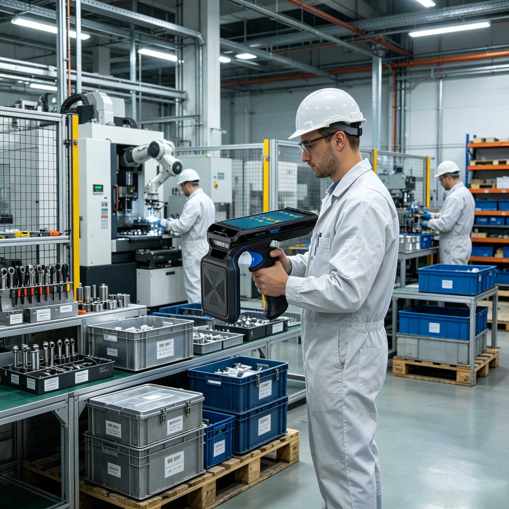 Engineer using RFID reader to track tagged equipment in a European smart factory