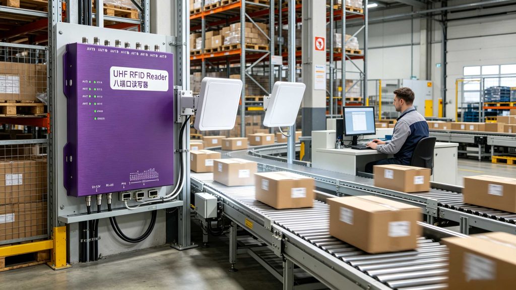 UHF RFID reader identifying multiple tagged cartons on a warehouse conveyor