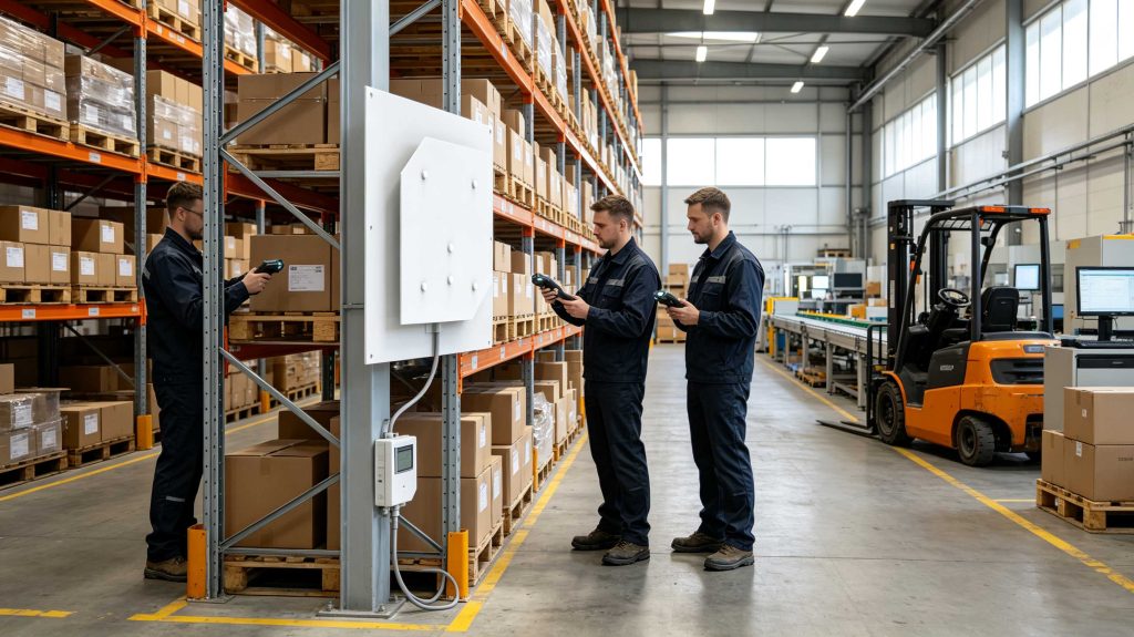 Worker installing RFID tags on products in a European warehouse environment