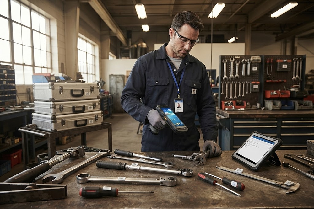Handheld RFID reader scanning tagged tools in a factory