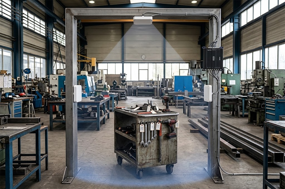 Fixed RFID reader monitoring equipment movement through a factory doorway
