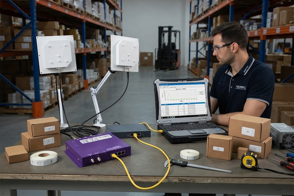 Long range UHF RFID reader and antenna reading distance test