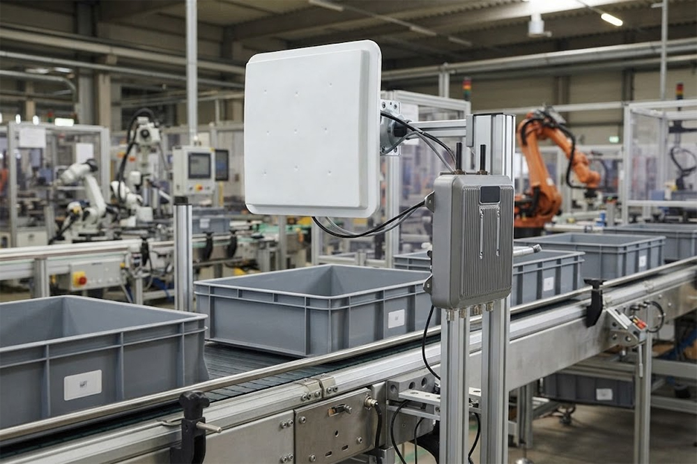 RFID Reader for Industrial Automation: Where It Fits and What to Check 1 Fixed RFID reader and antenna installed beside an industrial production line