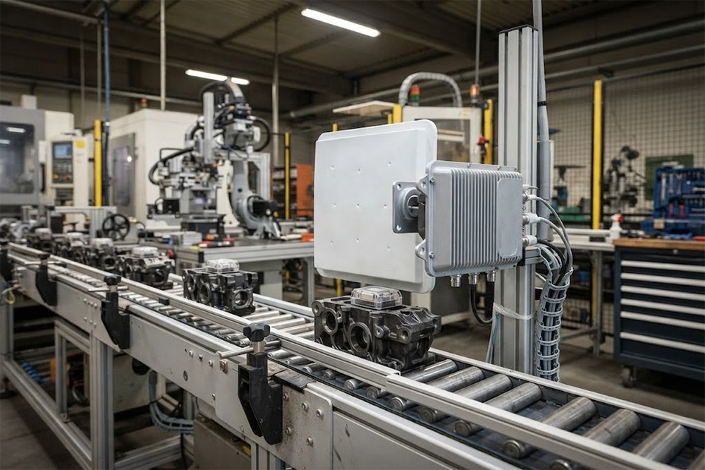 RFID Reader for Industrial Automation: Where It Fits and What to Check 2 UHF RFID reader identifying tagged products moving on a conveyor