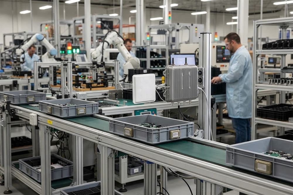 RFID Reader for Industrial Automation: Where It Fits and What to Check 3 RFID tagged production carrier moving between automated factory stations