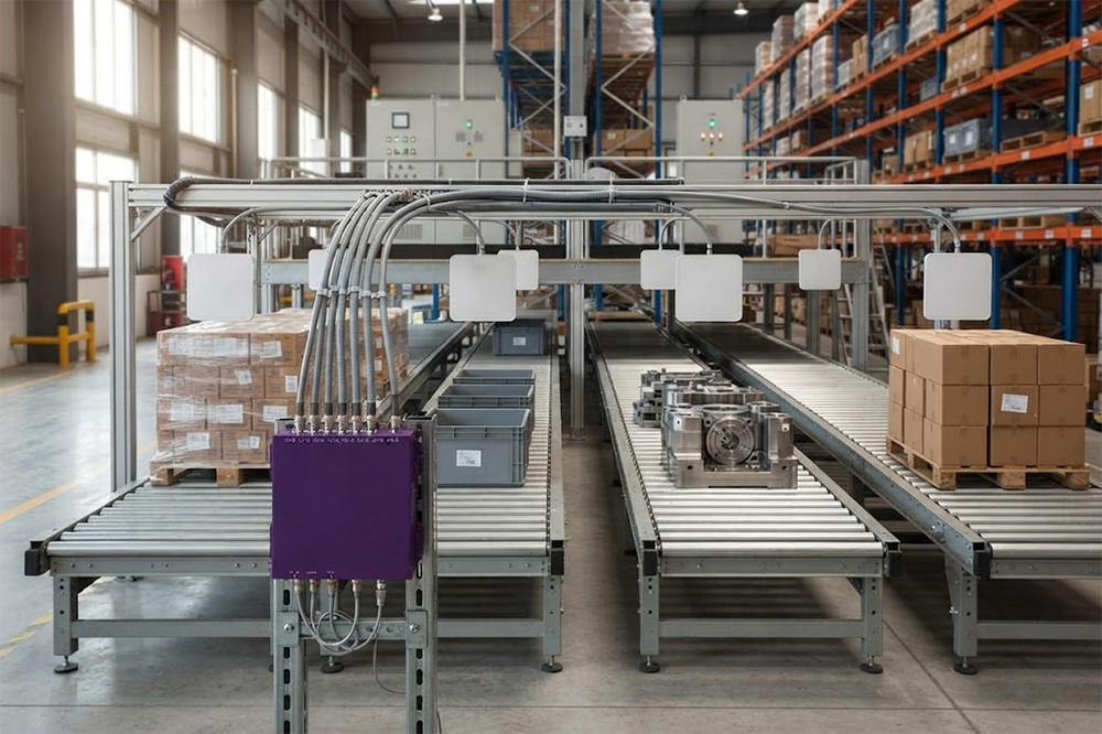 8-port RFID reader supporting multiple antenna connections in a warehouse