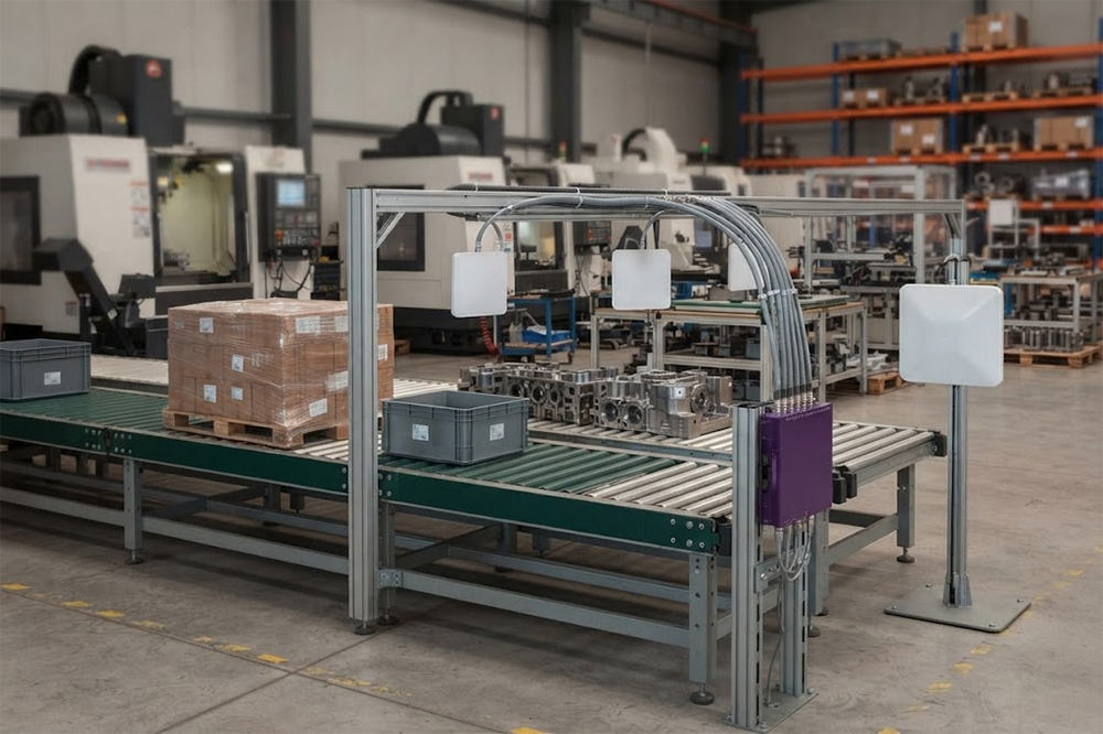 RFID antennas positioned around conveyor for automated product identification