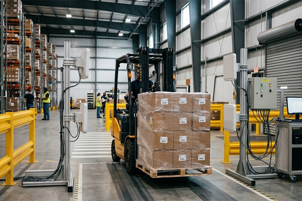 UHF RFID antenna placement for a warehouse gate