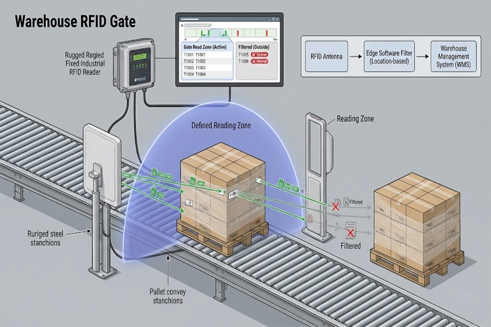 Controlled RFID reading zone at a warehouse entrance