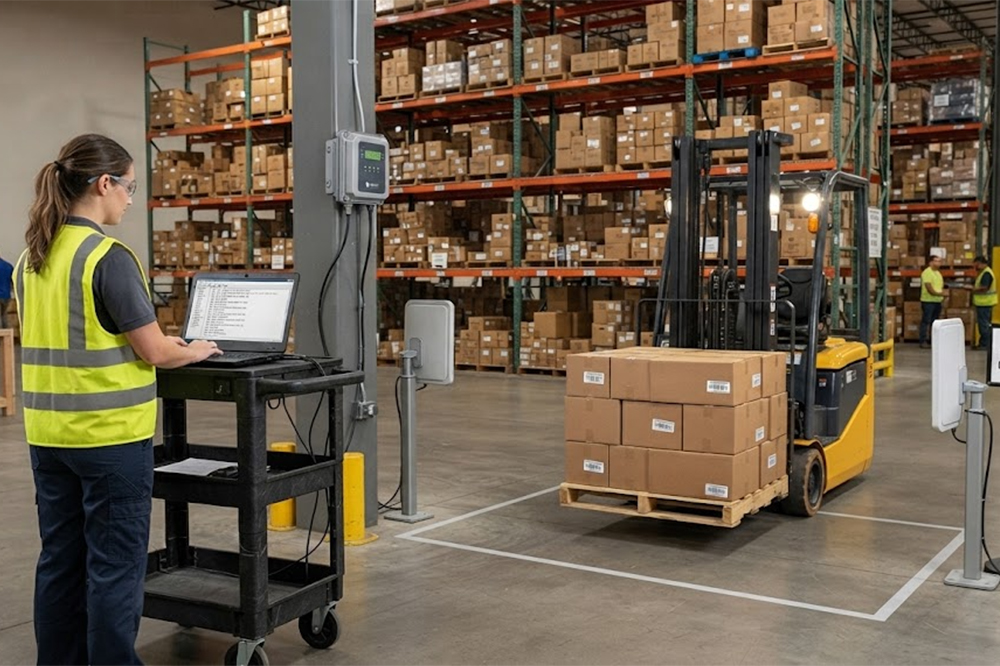 RFID gate testing with forklift and tagged warehouse pallet