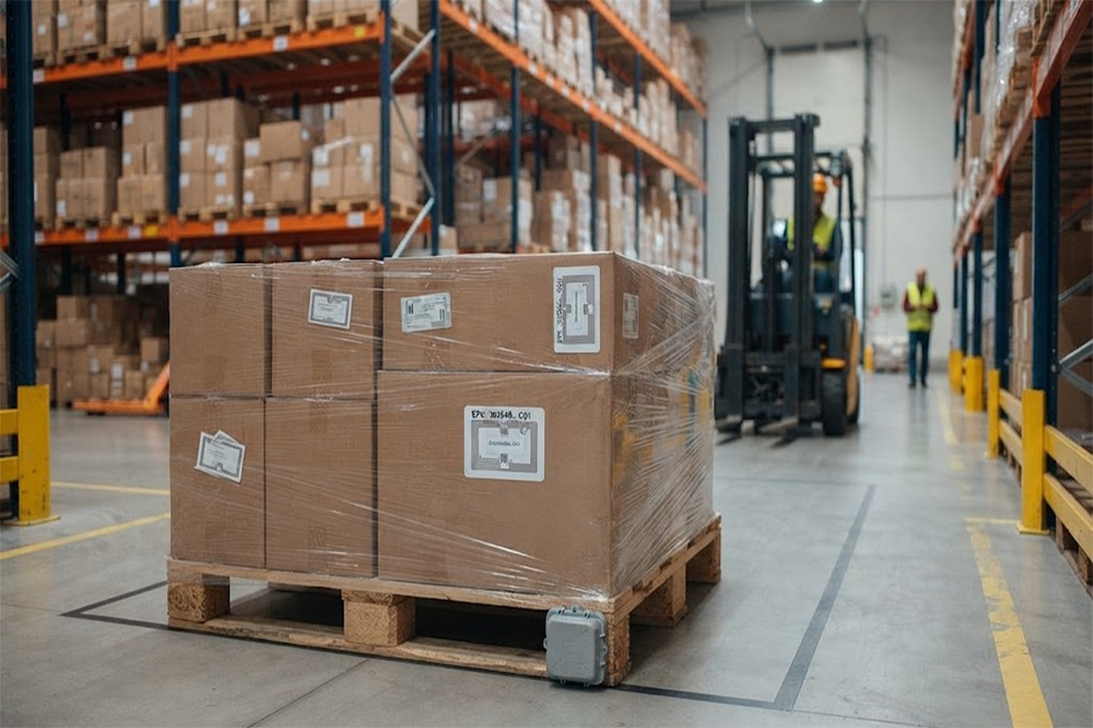 UHF RFID tags attached to cartons on a warehouse pallet