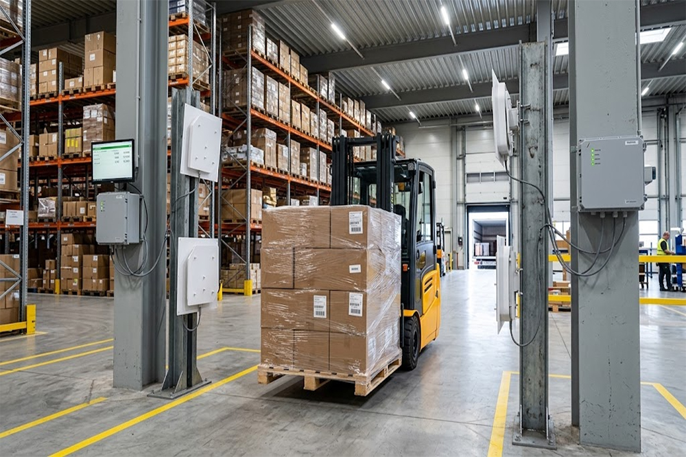 Forklift moving an RFID tagged pallet through a warehouse RFID zone