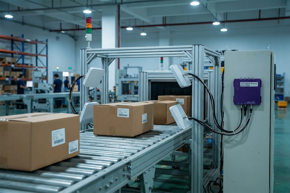 UHF RFID reader tracking tagged cartons on a conveyor