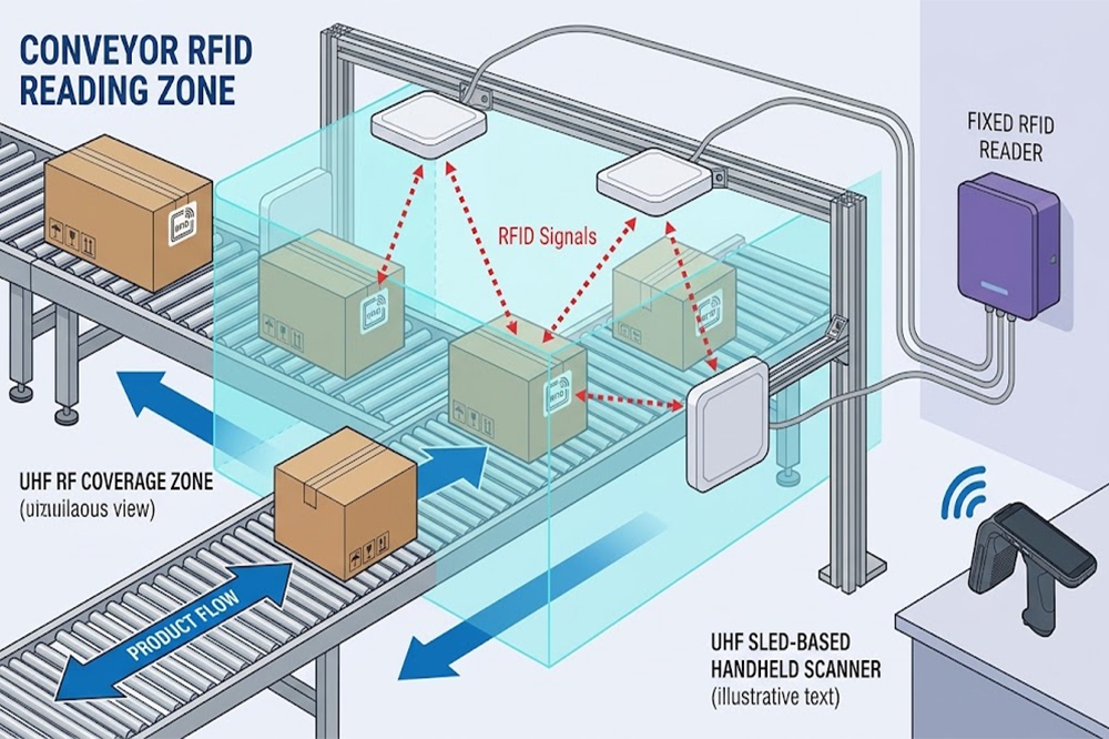 Controlled RFID reading zone for an automated conveyor system