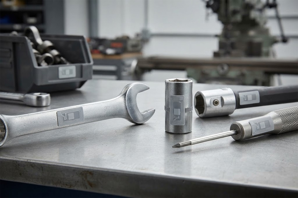 RFID Tool Tracking: How to Track Tools Automatically 2 UHF RFID tags attached to metal industrial tools