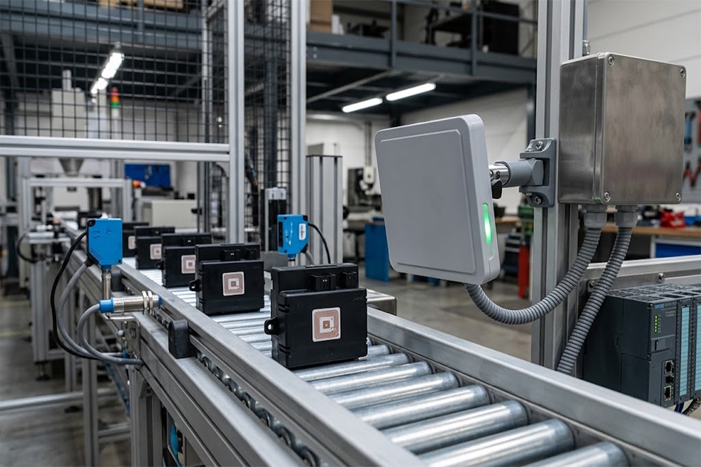RFID reader tracking products moving through a manufacturing production line