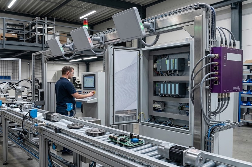 Long range UHF RFID reader integrated with factory automation equipment