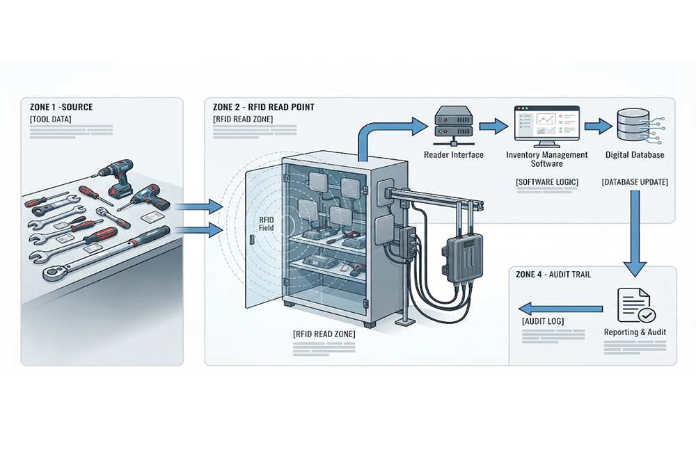 RFID tool inventory workflow using tags readers antennas and software