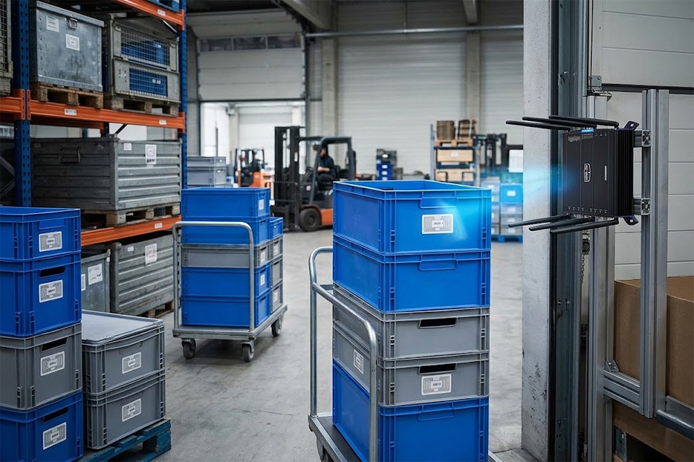 RFID scanner tracking reusable containers and transport carts