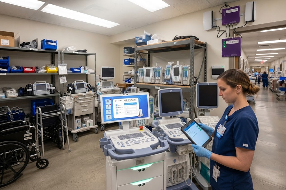 RFID medical equipment tracking in a hospital equipment room