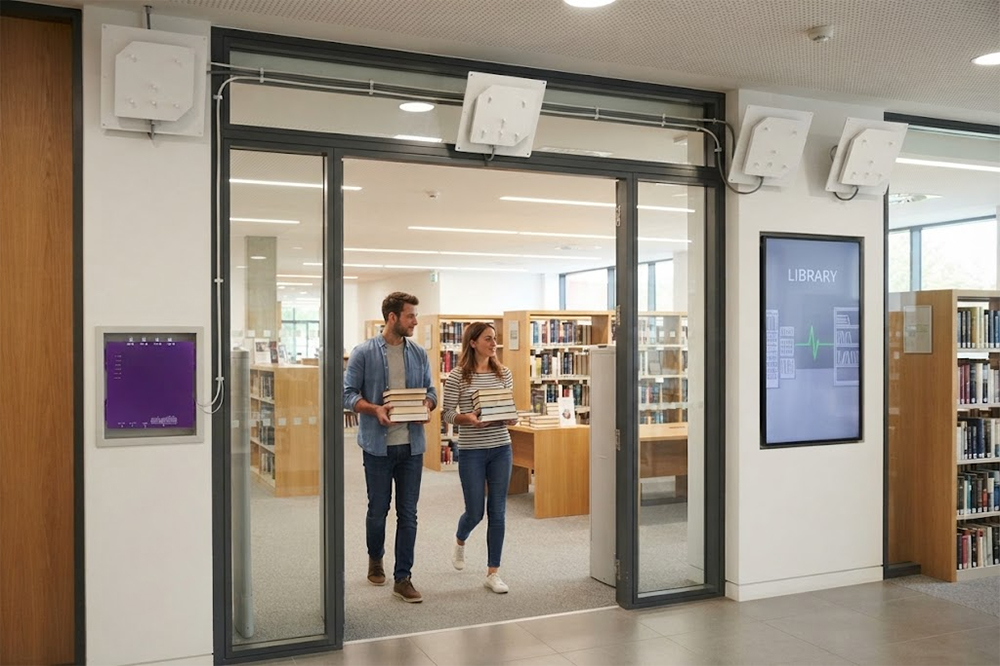 UHF RFID reader installed at a library entrance for book tracking